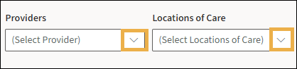 Providers and Locations of care with yellow highlight boxes around the drop-down arrows.